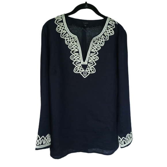 TALBOTS Small Linen Embroidered Nautical Coastal Preppy Tunic Top Navy & White - Picture 5 of 12